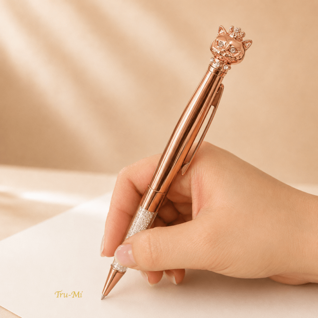 Tru-Mi 玫瑰金貓皇珠寶筆書寫情境，皇冠貓咪造型搭配水鑽與透明水晶筆身